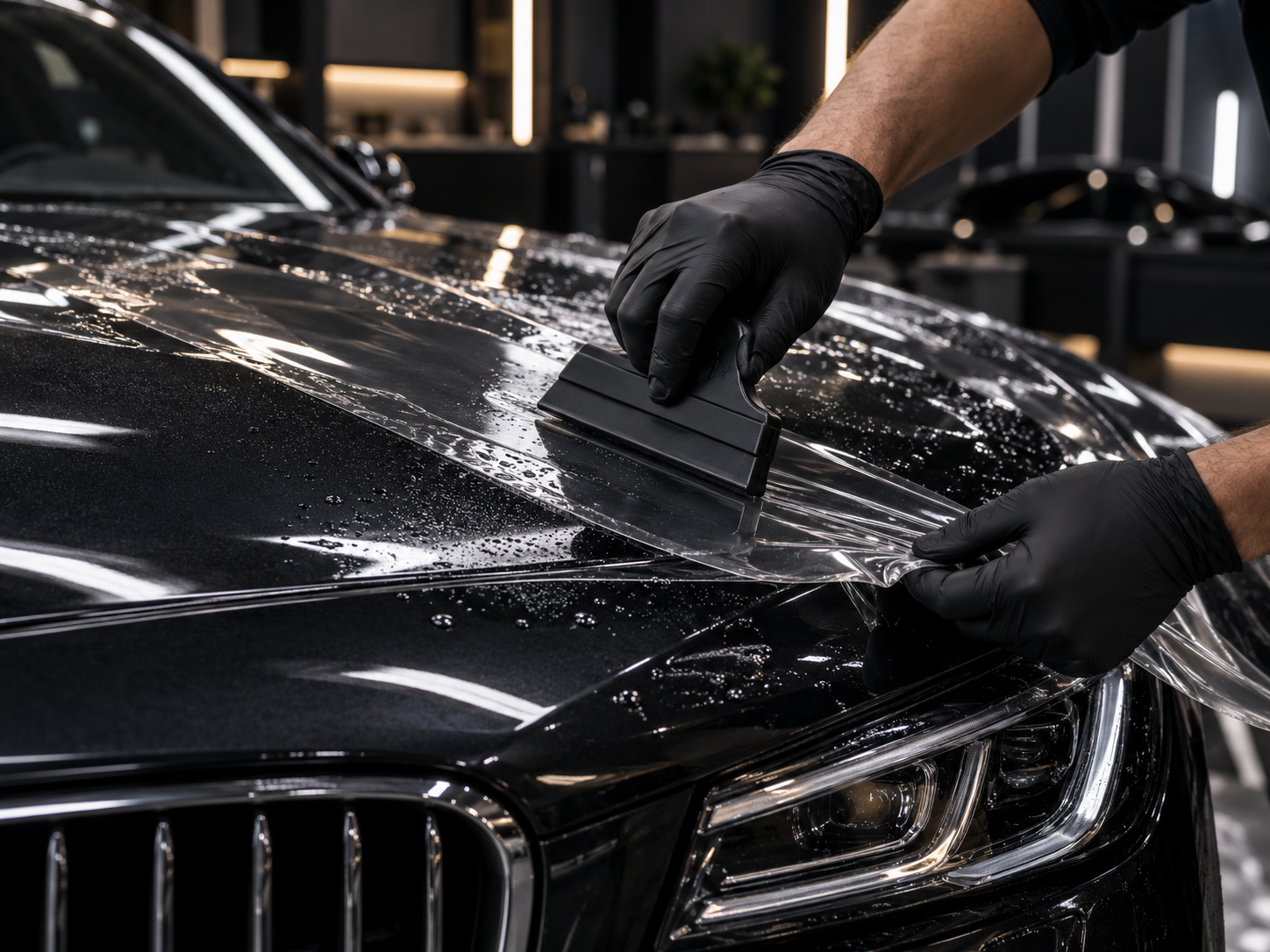 Paint protection film installation on a vehicle hood
