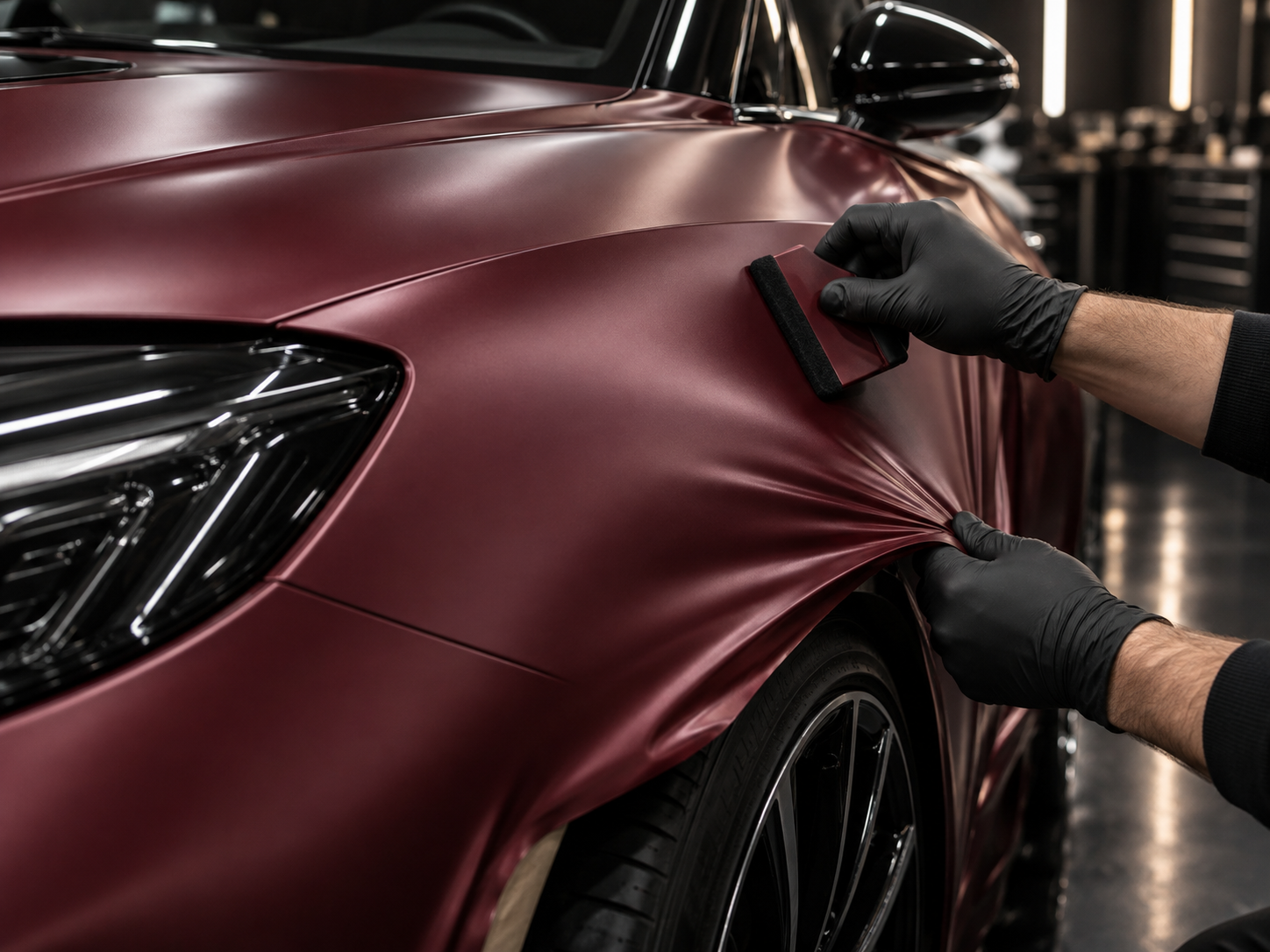 Satin vehicle wrap being installed